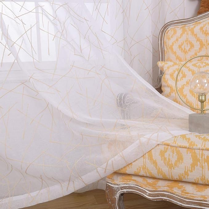 Sheer Beige Curtains 95 Inches Embroidered Branch Patterned Semi Sheer Window Treatments Rod Pocket Voile Curtain Panels for Living room, Bedroom, Yard, Patio, Villa, Parlor, Set of 2, 52"x95".