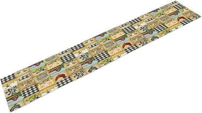 Farmhouse Animals Table Runner,Rustic Cabin Pig Chicken Cow Sunflowers Geometric Grids Burlap for Hotel Indoors Outdoor Dining Room Kitchen Holiday Party, 13x108in