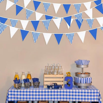 32Ft Deep Blue Party Decorations Blue Buffalo Plaid Checkered White Triangle Flag Gingham Pennant Bunting Fabric Garland for Picnic Racing Car BBQ Birthday Wedding Outdoor Garden Oktoberfest Decor