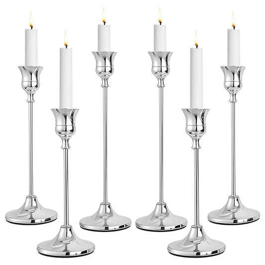 CHILL RECIPE Silver Taper Candle Stick Holders Tall Candle Holder, Vintage Candlesticks Holder Bulk for Home Decor Table Centerpiece Dining Party Festival Decorations (2 Set 6Pcs)
