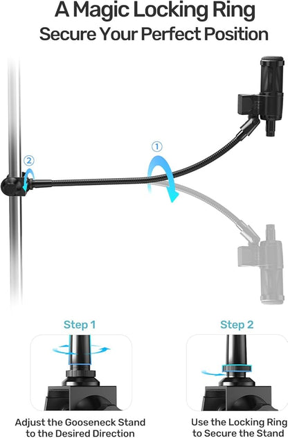 19-inch Gooseneck Microphone Holder Stand, Flexible Mic Arm with Super Crab Clamp for Mic Stand/Desk/Rod/Pole/Stick/Shelf/Tube Clamping, Ideal for Music Stand, Piano, Drum Recording
