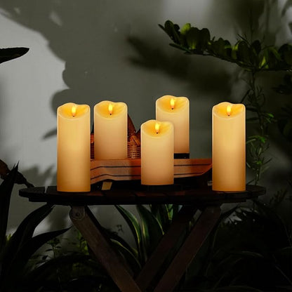 Amagic Waterproof Outdoor Flameless Candles with Remote, LED Candles Battery Operated with Timer, Flickering Fake Pillar Candle for Outside Patio Yard Decor, Dark Ivory, Set of 5, D3 X H4 5" 6" 8" 8"
