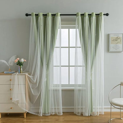 FANLI 2 Panels Star Blackout Curtains for Kid Girls Bedroom Living Room Darking Stripe Double Layer Star Cut Out Wall Home Decor Gradient Grommet Window Curtains (Green 63L)