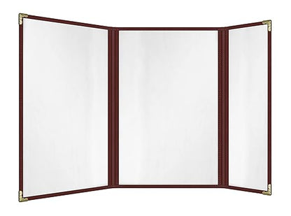 Goodsmart Restaurant Menu Covers – 25 Pack Burgundy 6 Views Trifold, Side-Loading Menu Holders, Vinyl & Plastic Menu Covers, Clear Menu Sleeves, 8.5" x 14" & 4.25" x 14", Café Style with Gold Corners