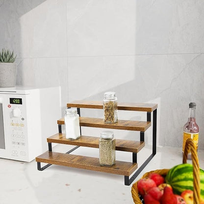 4-Tier Wooden Display Riser Shelf Stand for, Makeup, Cupcake, Condiment & Dolls Collection Home Decor Organizer, Expandable for Pantry/Counter (Brown, 4-Tier)