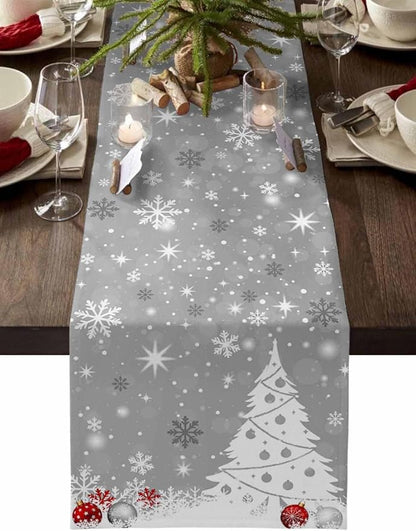 Christmas Snowflakes Cotton Linen Table Runner for Dining Kitchen, Xmas Tree Snow Winter Wedding Outdoor Party Tablerunners Decoration, Grey Balls Dresser Scarf Coffee Tablecloth Runners 13x72 Inches