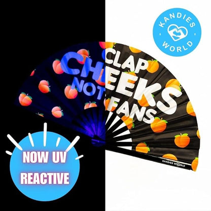Kandies World UV Reactive Custom Festival Folding Hand Fan - Unique Designs, Bamboo, Clacking Sound, Lightweight - Perfect Rave and Festival Accessory! (Clap cheeks not fan)