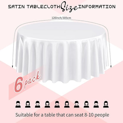 6 Packs Satin Tablecloth 120 Inch White Round Table Cloth Silk Tablecloth Smooth Fabric Overlay Satin Table Cover Decoration for Wedding Party Banquet Events