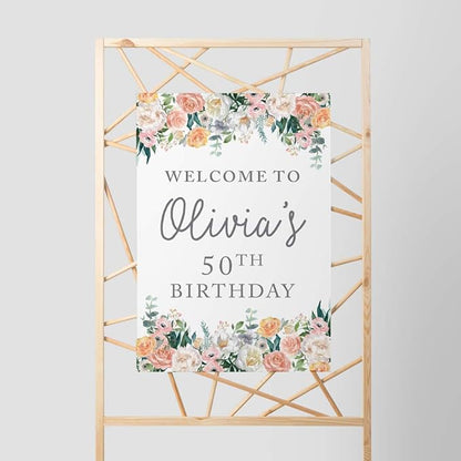 Andaz Press Personalized Extra Large Birthday Easel Board Party Sign, 12x18-inch, Peach Coral Floral Flowers Roses on White, Welcome to Olivia's 50th Birthday, 1-Pack, Custom Name Age