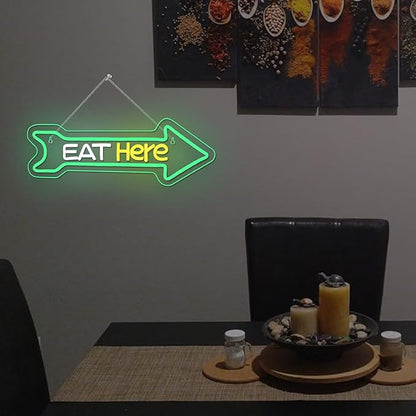 Looklight Eat Here Arrow Neon Sign Dimmale Neon Lights For Wall Decor Led Lights For Home Kitchen Restaurant Bar Party Decor USB Powered 16.6x5.5in