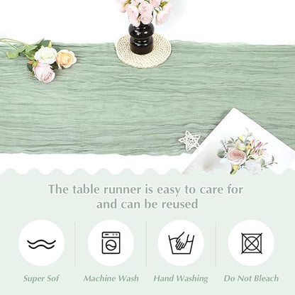 10 Pack Sage Green Cheesecloth Table Runner -21*120Inch Long Boho Wedding Table Decor, Rustic Gauze Fabric Runner for Bridal Showers, Baby Showers & Parties (Sheer, Lightweight, Wrinkled Design)