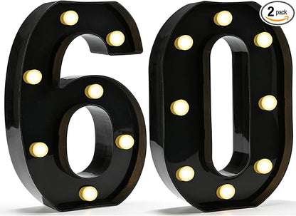 Pooqla Decorative Led Light Up Number Letters, Black Plastic Marquee Number Lights Sign for 60th Birthday Party Wedding Decor Battery Operated Black Decoration 60