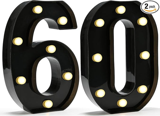 Pooqla Decorative Led Light Up Number Letters, Black Plastic Marquee Number Lights Sign for 60th Birthday Party Wedding Decor Battery Operated Black Decoration 60