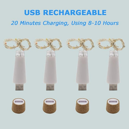 NeoJoy Wine Cork Lights, Rechargeable Bottle Fairy String Lights with 15 LED for DIY Artificial Parties Centerpiece Bedroom Decoration Gift (Warm White, 4PCS)