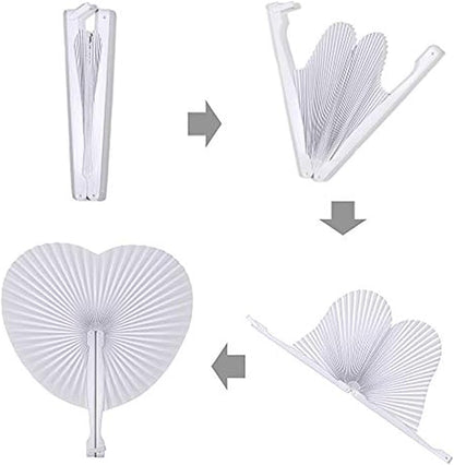 12 Pcs Decorative Paper Folding Hand Fans Handheld,White Heart Foldable Wedding Fans Chinese and Japanese Fans Bulk for Bridal Guest Church Party Favors Dancing Birthday DIY