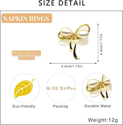 Gold Napkin Rings Set of 8 Pearl Bow Napkin Rings for Napkins,Rustic Napkin Ring Holders, Butterfly Knot Napkin Holders for Cloth Napkins,Christmas Bow Tie Napkin Ring for Dining Table Decor