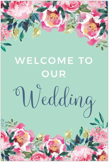 Andaz Press Extra Large Wedding Easel Board Party Sign, 12x18-inch, Tea Party Pink Peonies on Mint Green, Welcome to Our Wedding, 1-Pack