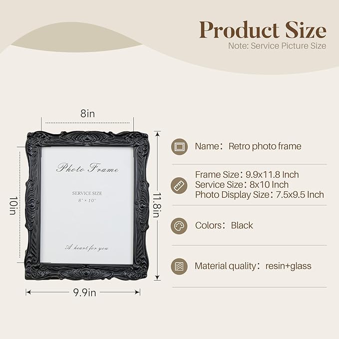 Cuspin Black 8x10 Picture Frame, Vintage Ornate Decorative Hand-Carved Resin Photo Frame with Detailed Design for Tabletop Display or Wall Hanging, Black Home Decor