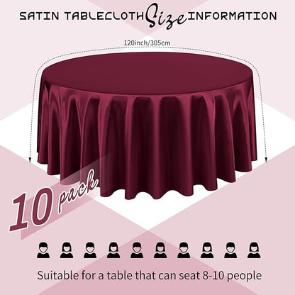 10 Packs Satin Tablecloth 120 Inch Burgundy Round Table Cloth Silk Tablecloth Smooth Fabric Overlay Satin Table Cover Decoration for Wedding Party Banquet Events