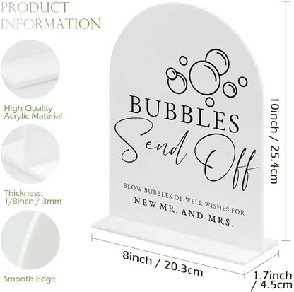 White Arch Acrylic Wedding Sign- 8"x10" Bubbles Send Off Sign and Base,1/8" Thick | Modern Calligraphy Arched Acrylic Signs for Wedding & Party