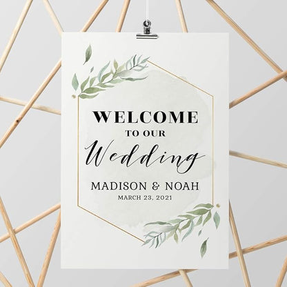 Andaz Press Personalized Extra Large Wedding Easel Board Party Sign, 12x18-inch, Modern Black, Gold with Green Leaves Florals, Welcome to Our Wedding Bride Groom Name Date, 1-Pack, Custom
