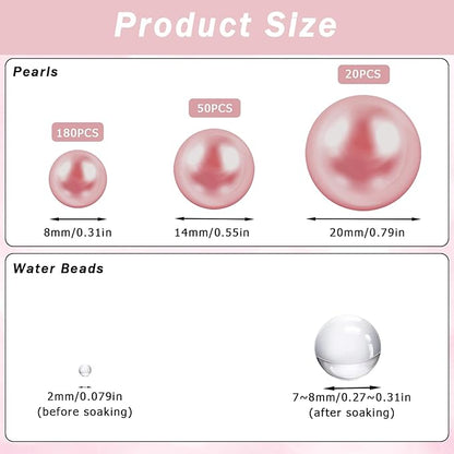Floating Pearls for Centerpieces Vases, 250PCS No Hole Fake Pearl Beads and 4000PCS Water Beads for Vase Filler Floating Beads for Wedding Home Party Decoration (Rose Gold 8/14/20mm)