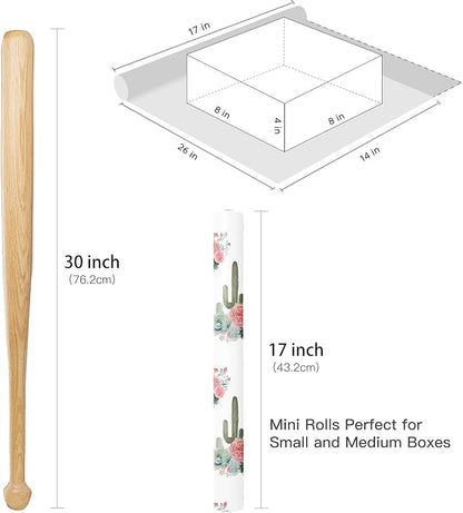 RUSPEPA Cactus Floral Wrapping Paper Roll, Mini Roll, Elegant Cacti and Roses Design, Soft Pink and Green Gift Wrap for Wedding, Birthdays, Baby Shower, Spring and Summer Party, 17 Inches x 16.4 Feet