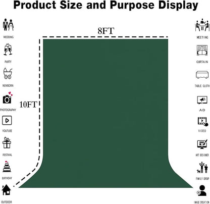 8x10FT Dark Green Screen Backdrops for Photography, Virtual Green Screen Backdrop Pieces for Meetings, Curtains for Party Decoration Video Shooting