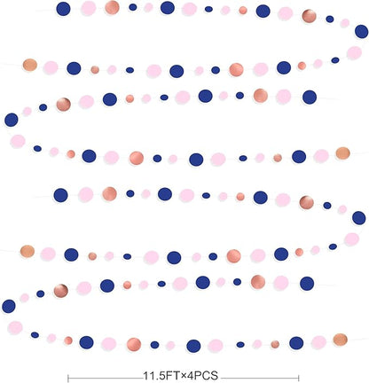 46Ft Navy Blue Blush Circle Dot Garland Royal Blue Pink Rose Gold Hanging Paper Polka Dot Streamer for Gender Reveal Baby Shower Birthday Engagement Wedding Bridal Shower Anniversary Party Decorations