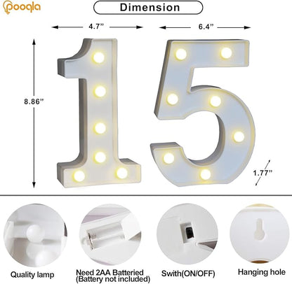 Pooqla Decorative LED Light Up Number Letters, White Plastic Marquee Lights Sign for Birthday Party Wedding Decor, Battery Operated (15)