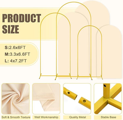 MODFUNS Arch Backdrop Stand and Cover Set of 3 Gold Wedding Arch Stand 6&6.6&7.2ft Beige Arches Cover Chiara Backdrop Stand for Party Birthday Banquet Wedding Arched Frame