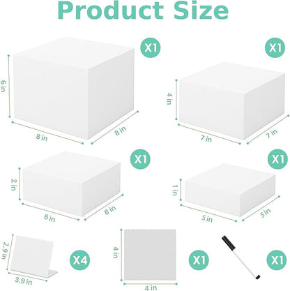 Buffet Risers 4-Pack – White Acrylic Cube Display Stands, Seamless Thick Acrylic Table Risers with Mini Sign Kit, Nesting Dessert, Party, Charcuterie & Retail Displays