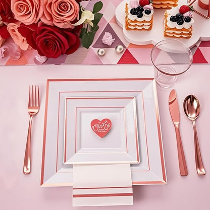 Festiva 350Pcs Rose Gold Plates and Napkins Party Supplies-Square White and Rose Gold Disposable Dinnerware include Plates Cups Cutlery Napkins for 50 Guests Wedding &Party&Mother's Day