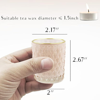 SHMILMH Pink Votive Candle Holders Set of 12, Vintage Glass Tealight Candle Holder with Gold Rim, Votives for Valentines Table Centerpiece, Wedding Decoration