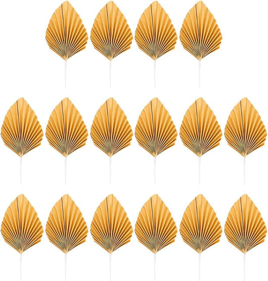 16pcs Golden Tree Leaf Folding Fan Cake Toppers - Elegant Boho Cake Decorations for Birthday Party, Wedding, and Anniversary - 4.33 * 1.96 * 0.39inch