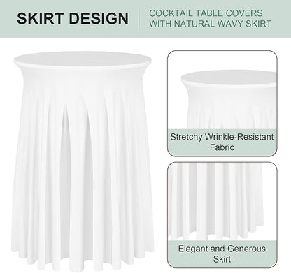 Cocktail Table Covers - 3 Pack 32"x 43" White Cocktail Table Tablecloth with Natural Wavy Round Skirt for Bar Wedding Party Banquet