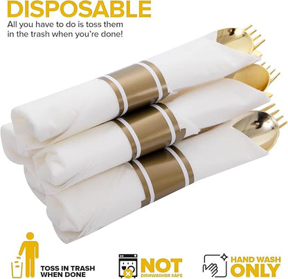 200Guests Pre Rolled Gold Plastic Silverware Sets - Heavy Duty Gold Cutlery - Include 200 Pack Wrapped Disposable Utensils with Napkins for Parties & Dinners & Weddings