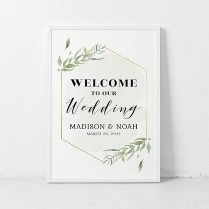 Andaz Press Personalized Extra Large Wedding Easel Board Party Sign, 12x18-inch, Modern Black, Gold with Green Leaves Florals, Welcome to Our Wedding Bride Groom Name Date, 1-Pack, Custom