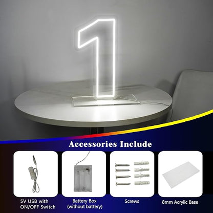 Number 1 Neon Sign for First Birthday, 16.54" Cool White USB Battery Powered One Neon Sign for Party Wedding Anniversary Decor Light Sign (Number 1)