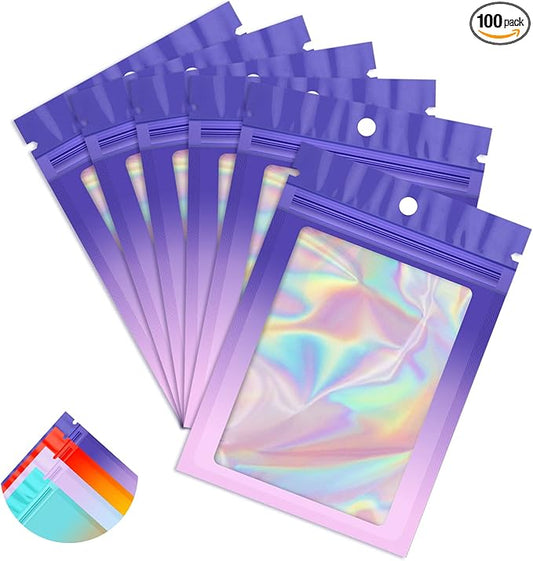 Funfery 100 Pack Gradient Holographic Bags,Mylar Resealable Bag with Zipper,Clear Window Packaging Pouch,Smell Proof Foil Bags for Food Storage,Sample Jewelry Baggies(2.7×3.9in,Purple Pink)