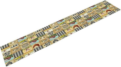 Farmhouse Animals Table Runner,Rustic Cabin Pig Chicken Cow Sunflowers Geometric Grids Burlap for Hotel Indoors Outdoor Dining Room Kitchen Holiday Party, 13x36in