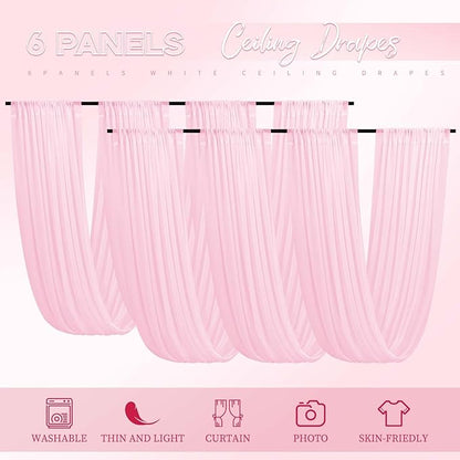 6 Panels Pink Ceiling Drapes for Wedding 5ftx30ft Ceiling Drapes Wedding Arch Draping Fabric Cheesecloth Sheer Curtain Romantic Ceiling Decorations for Weddings Party Banquet Ceremony Stage