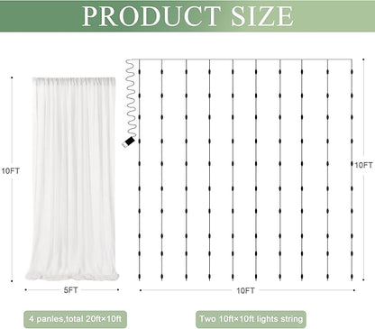 Tulle Backdrop Curtain with Lights String 20 X 10FT Ivory Sheer Tulle Backdrop Curtains for Wedding Birthday Party Reception Photo Booth Background Decorations (4 Panels 5x10FT)