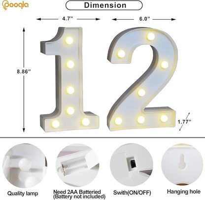 Pooqla Decorative LED Light Up Number Letters, White Plastic Marquee Lights Sign for 12th Birthday Party Wedding Decor, Battery Operated (12)