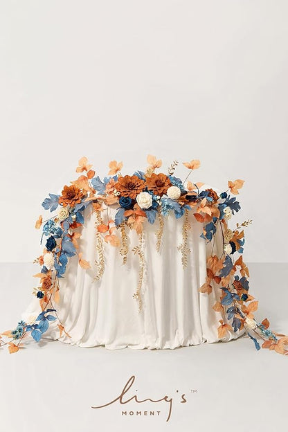 Ling's Moment 9FT Eucalyptus & Willow Leaf Garland with White Flower, Handcrafted Wedding Sweetheart Table Centerpieces Head Table Decor Arch Backdrop Decorations for Wedding | Burnt Orange & Denim