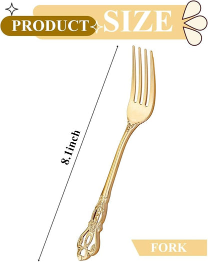 150PCS Gold Plastic Forks - 8.1inch Gold Forks Disposable - Vintage Heavy Duty Dessert Forks - Premium Fancy Plastic Silverware for Parties, Weddings, Dinners and Events