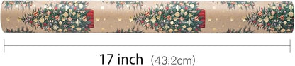 RUSPEPA Kraft Christmas Wrapping Paper Roll, Mini Roll, Gold Foil Christmas Tree Design, Elegent Kraft Gift Wrap Paper Great for Xmas Gifts, Winter and Holidays, 17 Inches X 16.4 Feet