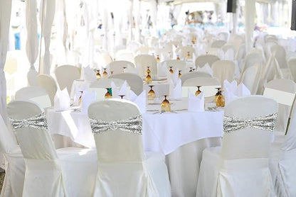 10 Pcs Chair Sashes Sequin Stretch Chair Bands Spandex Polyester Bows for Party Hotel Wedding Banquets Decoration -Silver