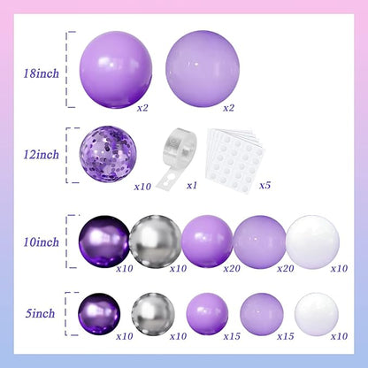 Purple Balloons Garland Arch Kit,144pcs Lavender Purple Pastel Purple Confetti Balloons with Silver White Ballons for Girl Butterfly Bridal Shower Princess Birthday Wedding Party Decoration