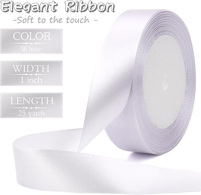 White Solid Satin Ribbon 1 Inch 25 Yards Solid Polyester Fabric Ribbon for Gift Wrapping Wedding Christmas Baby Shower Birthday Party Decoration Handmade Immortal Flower Craft